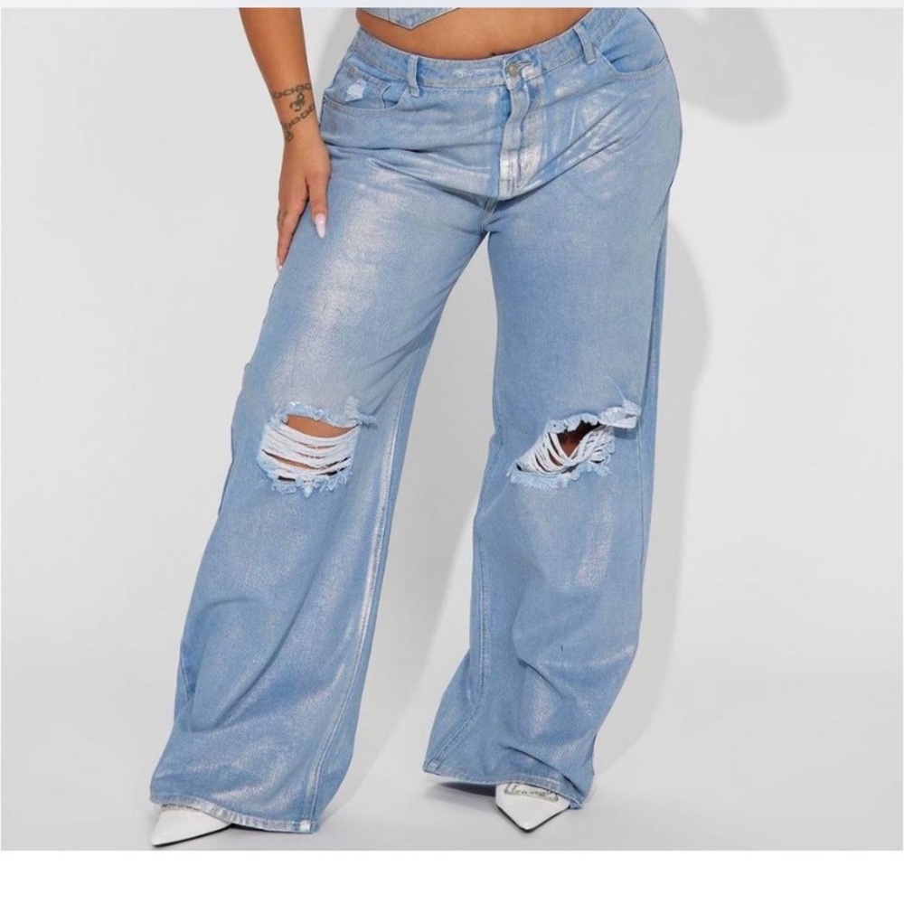 Fashion Nova Metallic Blue Distressed Wide Leg Jeans